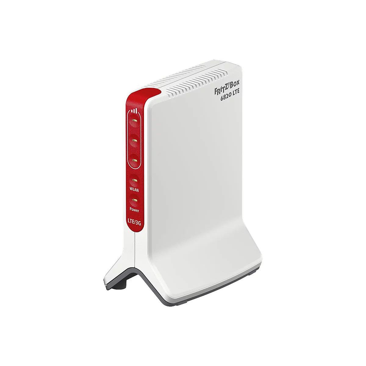 Weiße FRITZ!Box 6820 LTE mit roter Seitenleiste und Status-LEDs auf neutralem Hintergrund.
