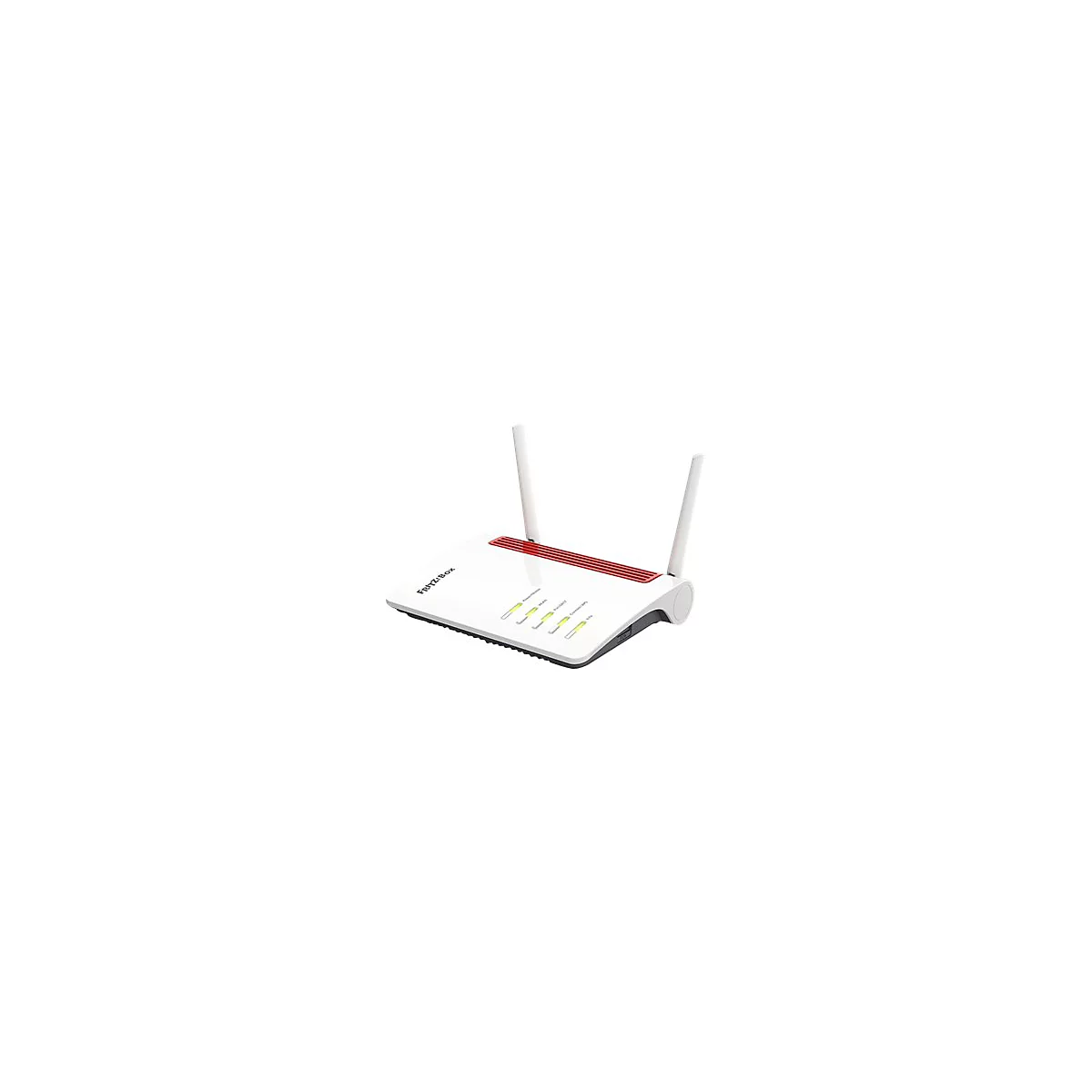 Weißer Fritz!Box Router mit zwei Antennen, roten Lüftungsschlitzen und leuchtenden Status-LEDs auf weißem Grund.