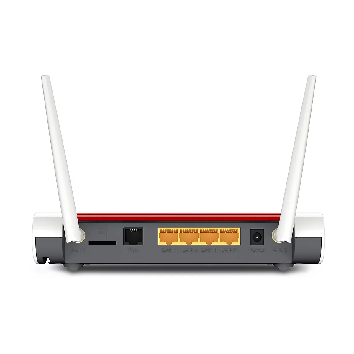 Rückseite eines weißen und roten Routers mit zwei Antennen. Es gibt Anschlüsse für LAN, Strom und Antennen.