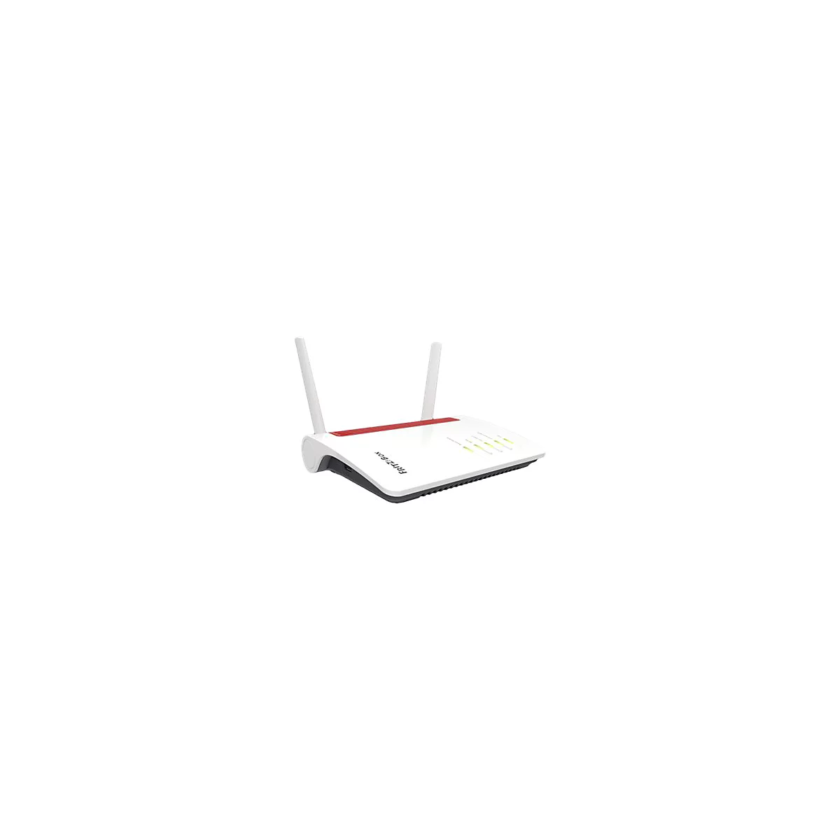 Weißer Fritz!Box WLAN-Router mit zwei Antennen und rotem Zierstreifen vor weißem Hintergrund.