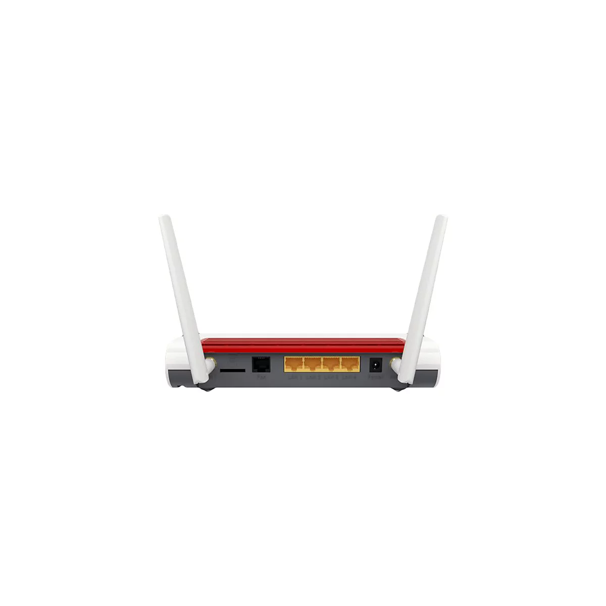 Rückseite eines FRITZ!Box Routers mit zwei Antennen, vier gelben LAN-Anschlüssen und Stromanschluss.