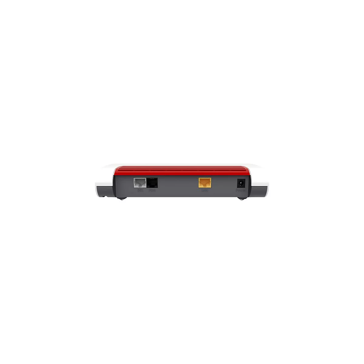 Rückseite eines weiß-roten Routers mit DSL-, Fon-, LAN-Anschlüssen und einem Stromanschluss.