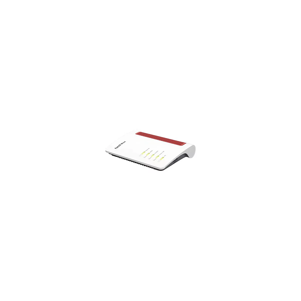 Ein weißer Router mit roter Zierleiste, Beschriftung FRITZ!Box, Leuchten und Bedienelementen.