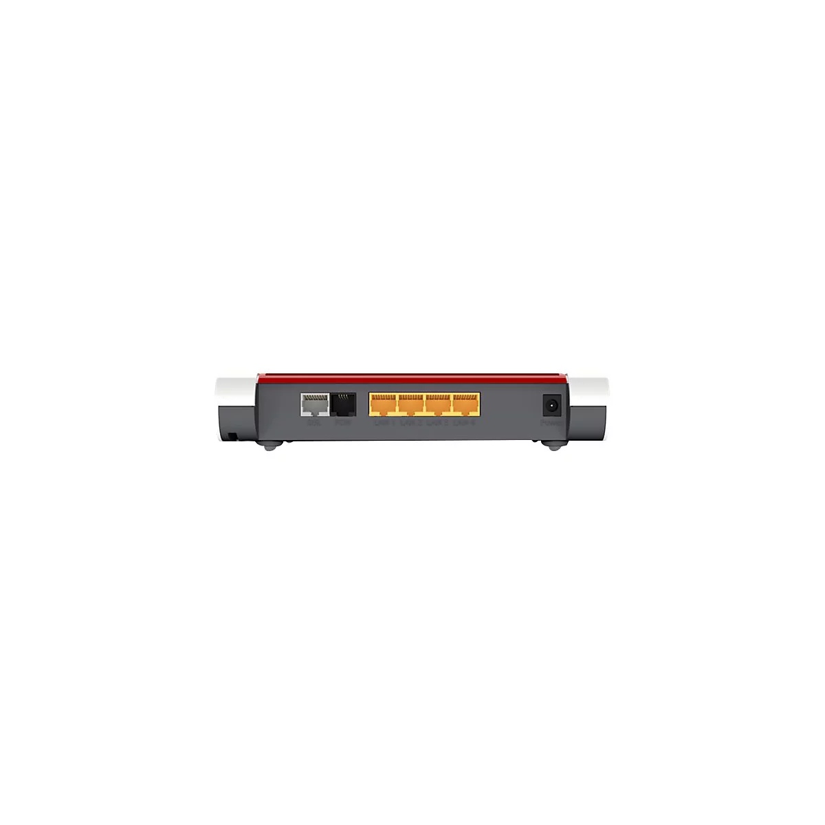 Rückseite eines FRITZ!Box Routers mit DSL-, Fon-, vier gelben LAN-Anschlüssen und einem Stromanschluss.