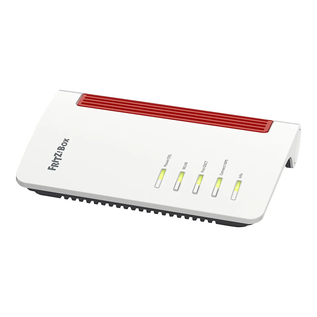 Weiß-roter FRITZ!Box Router mit fünf leuchtenden Status-LEDs auf schrägem Gehäuse.