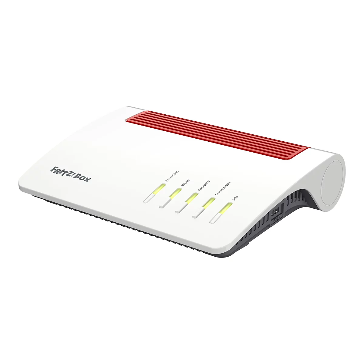 Un routeur blanc avec un accent rouge, appelé Fritz!Box. Sur le dessus se trouvent des voyants pour l'alimentation, le WLAN, Fon/DECT, Connect/WPS et les informations. Des connecteurs sont visibles à l'arrière.