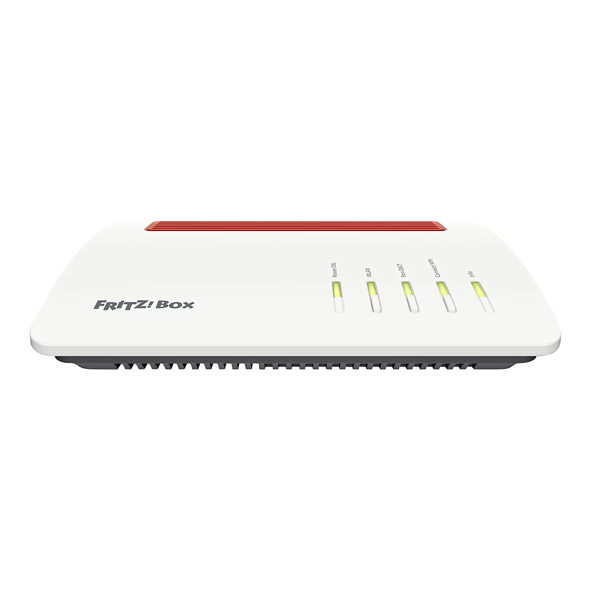 Weiße AVM FRITZ!Box Router mit rotem Lüftungsgitter und fünf leuchtenden Status-LEDs auf weißem Hintergrund.