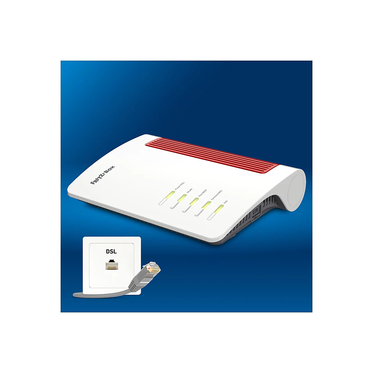 FRITZ!Box Router in Weiß und Rot vor blauem Hintergrund mit einer DSL-Anschlussdose und Netzwerkkabel.