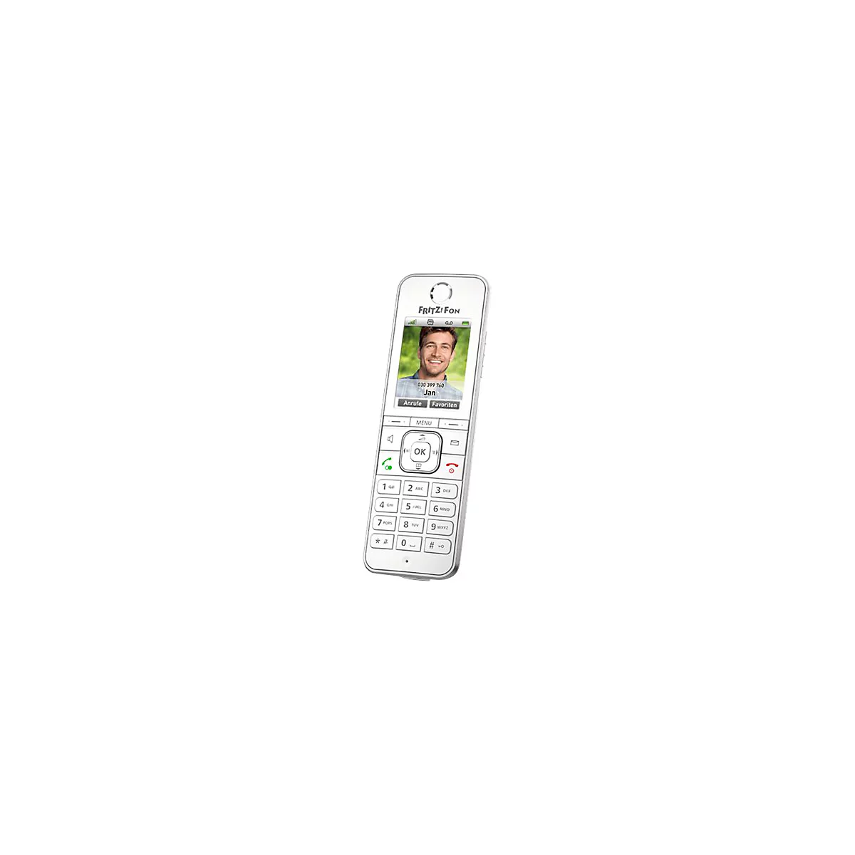 Weißes FRITZ!Fon DECT-Telefon mit Displaybild von Jan und einer Tastenoberfläche vor weißem Hintergrund.