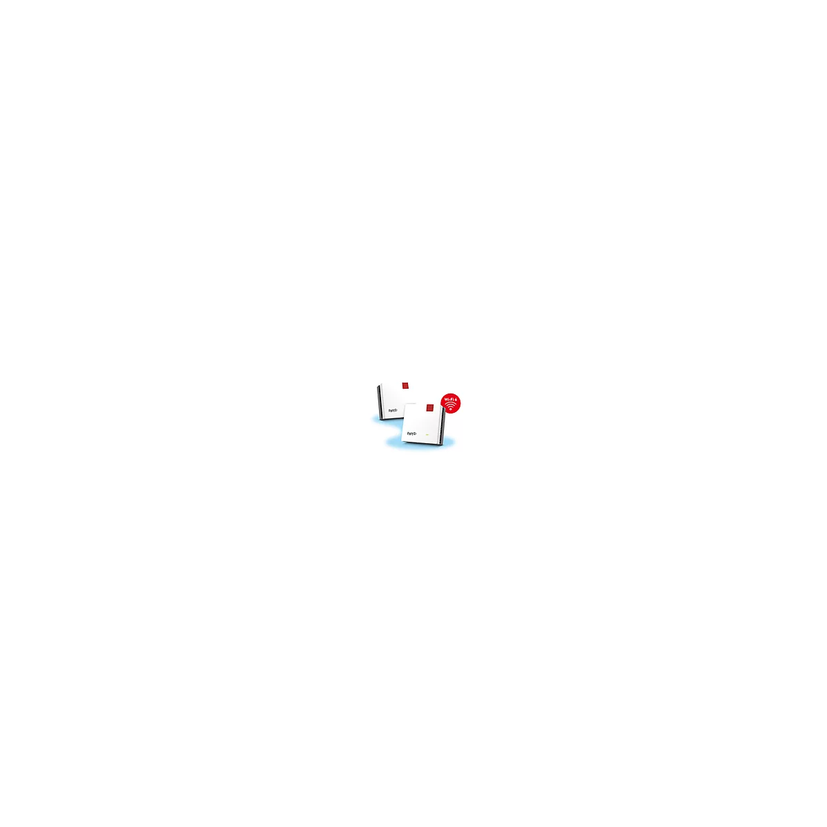 Zwei weiße Router mit rotem Quadrat und "Wi-Fi 6" Logo.