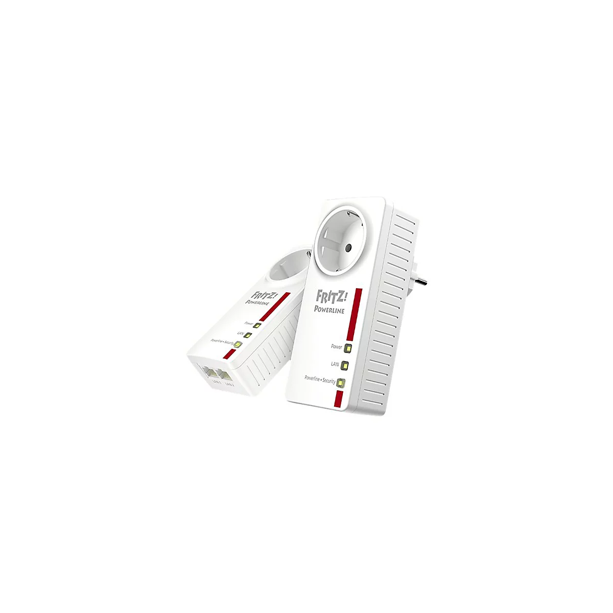 Zwei weiße AVM FRITZ!Powerline Adapter mit Steckdosenanschluss und drei Status-LEDs auf weißem Hintergrund.