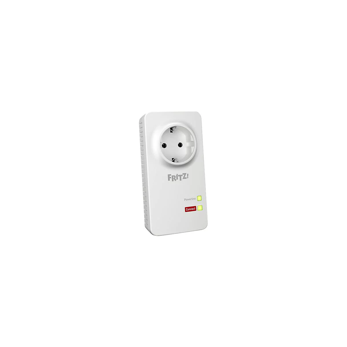 Weißer Fritz! Powerline-Adapter mit integrierter Steckdose und zwei grünen LED-Anzeigen vor weißem Hintergrund.