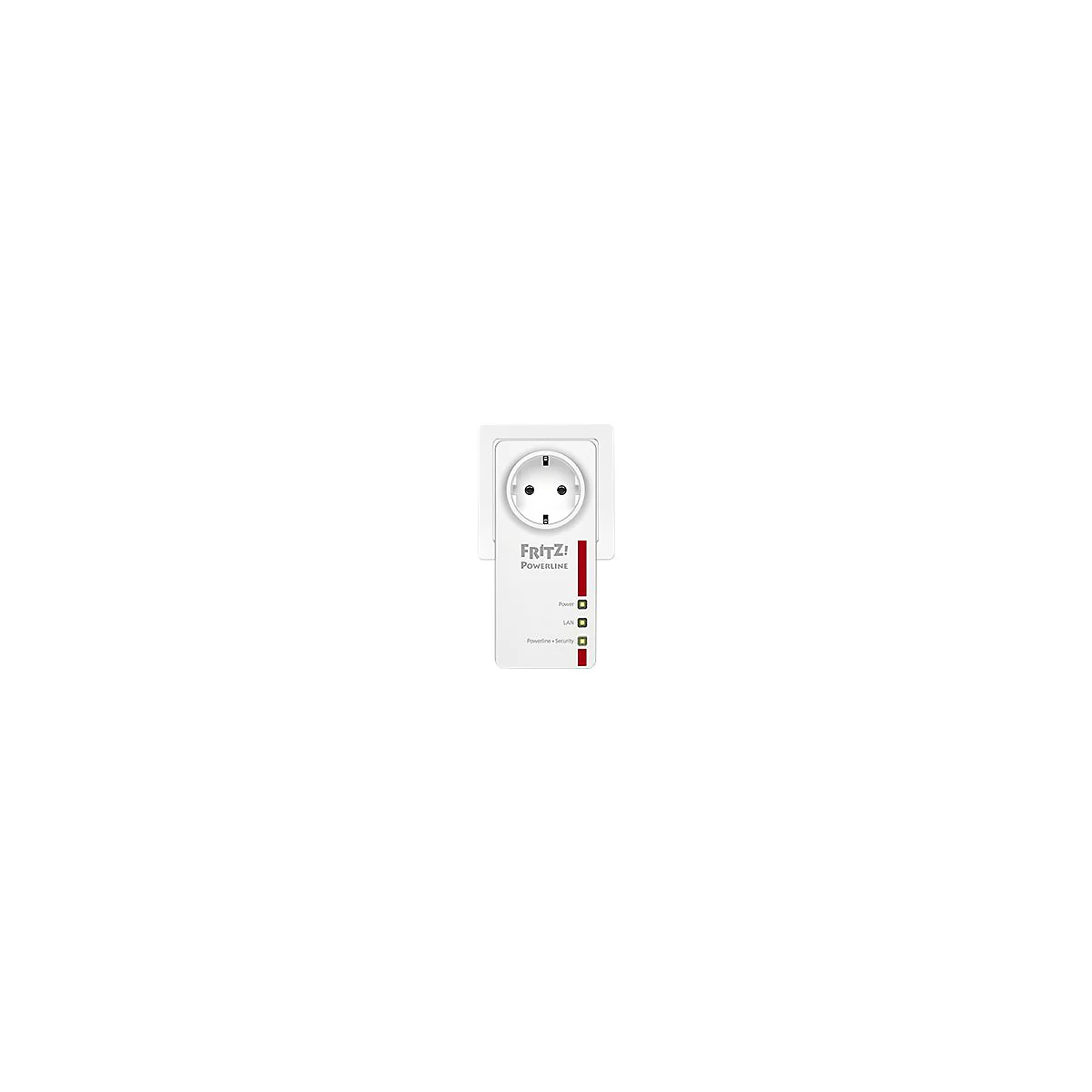 Weißer FRITZ!Powerline-Adapter steckt in einer Steckdose mit drei Status-LEDs.