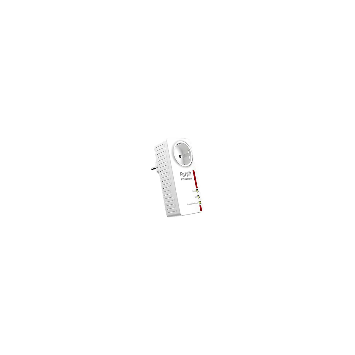 Weißer Fritz!Powerline-Adapter mit integrierter Steckdose und drei grünen Status-LEDs auf weißem Grund.