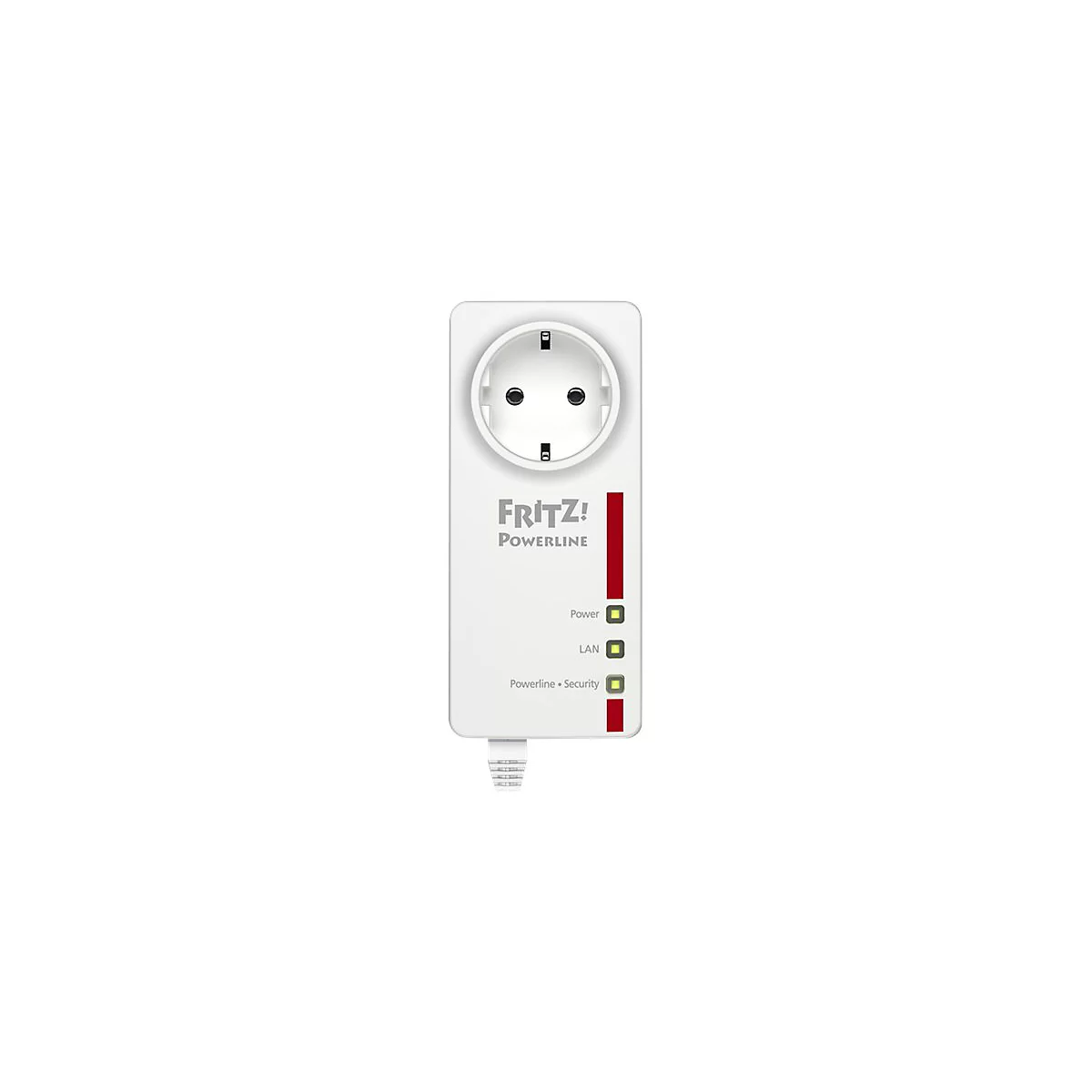 Weißer FRITZ!Powerline Adapter mit Steckdose und Status-LEDs auf weißem Grund.