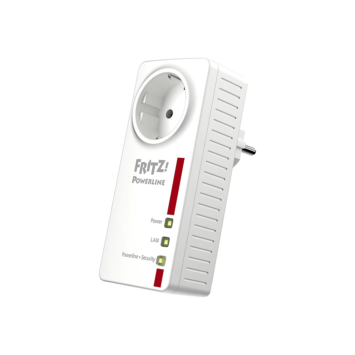 Weißer Fritz!Powerline Adapter mit Steckdose, drei Status-LEDs und Beschriftung vor weißem Hintergrund.