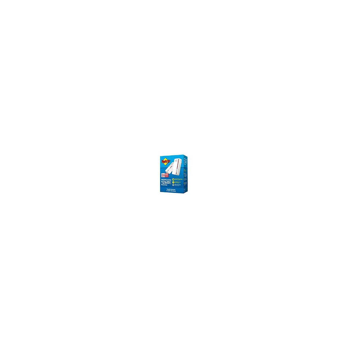Blaue Produktverpackung des FRITZ!Powerline 1260E WLAN Sets mit Abbildung der beiden weißen Powerline-Adapter.