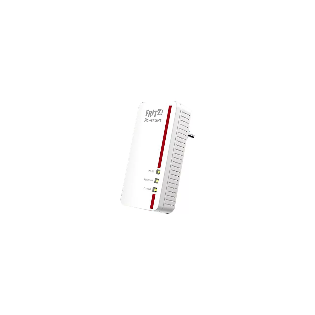 Weißer Fritz!Powerline Adapter mit rotem Zierstreifen und drei Status-LEDs vor neutralem Hintergrund.
