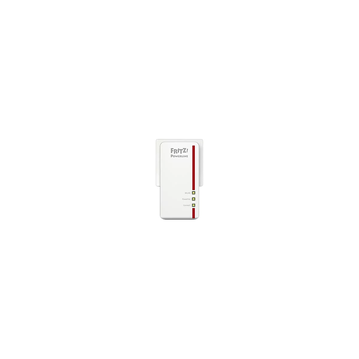 Weißer Fritz!Powerline Adapter mit rotem Zierstreifen und drei Status-LEDs auf weißem Hintergrund.