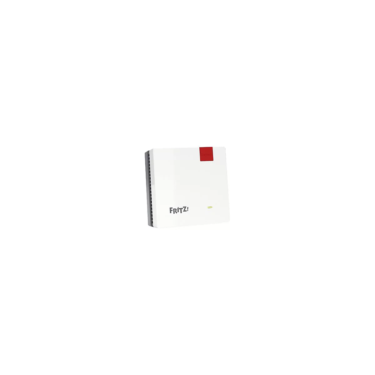 Weißer Fritz! Repeater mit rotem Connect-Button und Logo auf weißem Hintergrund.