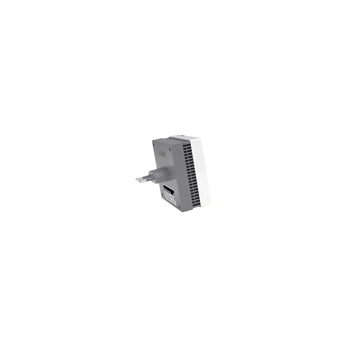 Ein grauer WLAN-Repeater mit Stecker, der in der Steckdose steckt. Der Repeater hat eine weiße Seite mit schwarzen Lamellen.