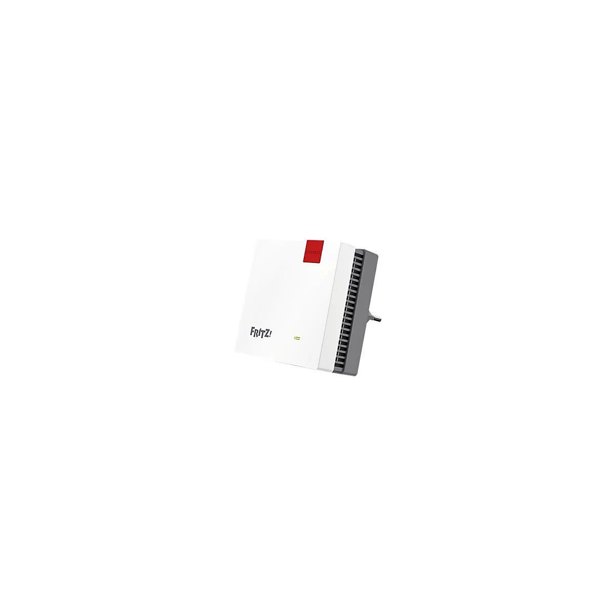 Ein weißer Fritz! Repeater, roter Connect-Button, graue Seiten und Stecker. Text: Fritz! und Connect.
