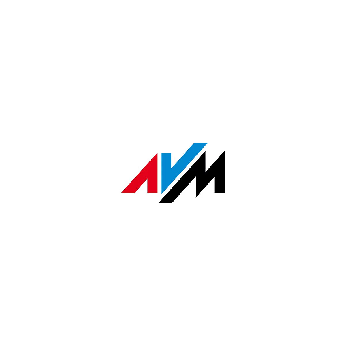 Logo von AVM in Rot, Blau und Schwarz. Die Buchstaben sind geometrisch dargestellt.