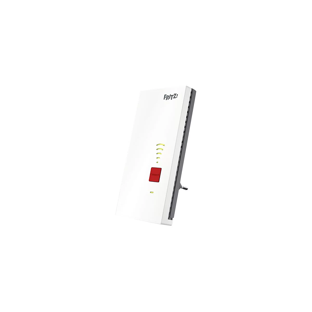 Weißer WLAN-Repeater mit roter Connect-Taste und Anzeigen. Der Name "Fritz!" ist aufgedruckt.