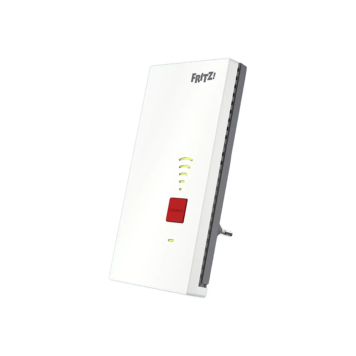 Weißer Fritz Repeater mit roter Connect-Taste und leuchtenden Signalbalken auf weißem Hintergrund.