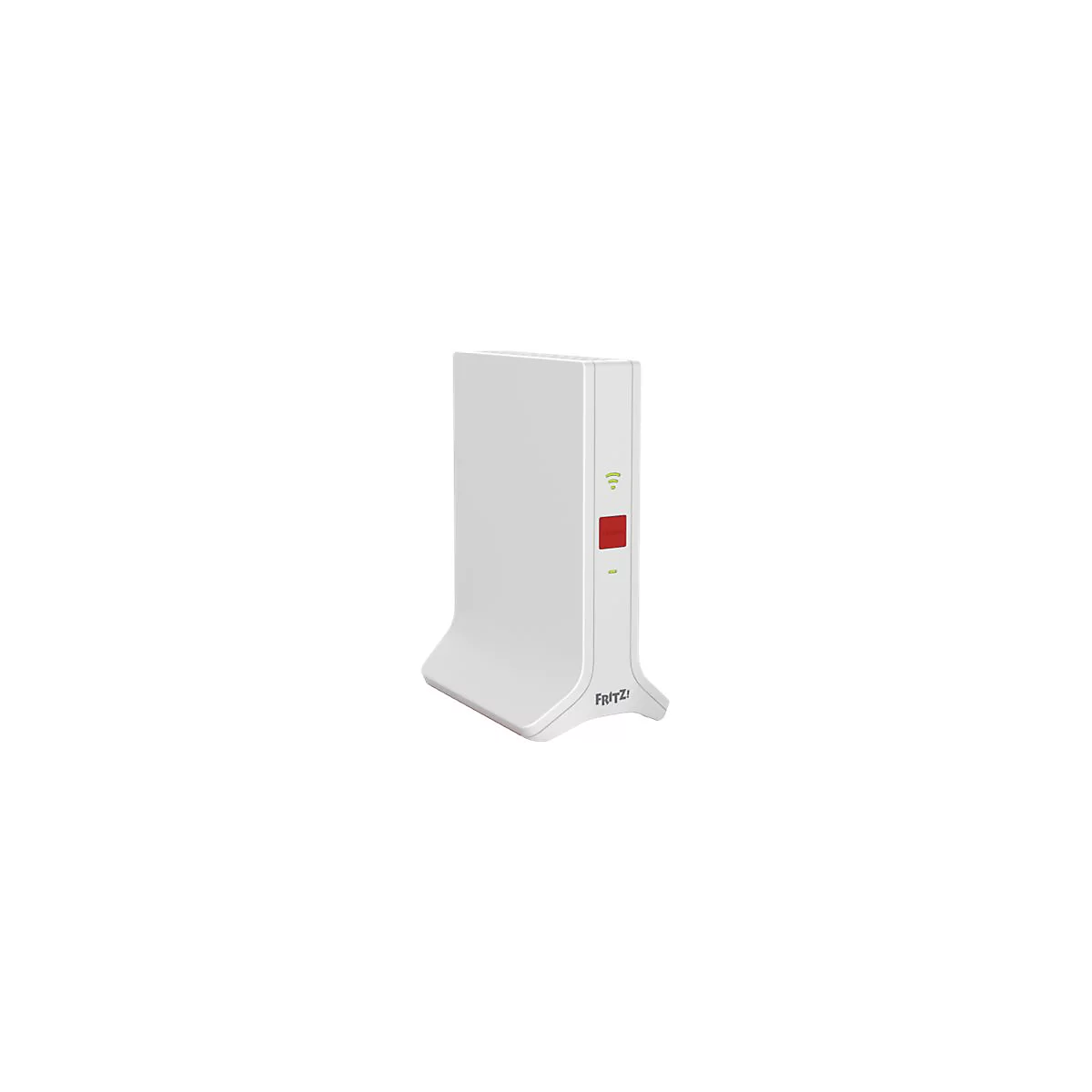 Weißer Router mit rotem Knopf und grünen LED-Leuchten. Logo FRITZ! am unteren Rand.