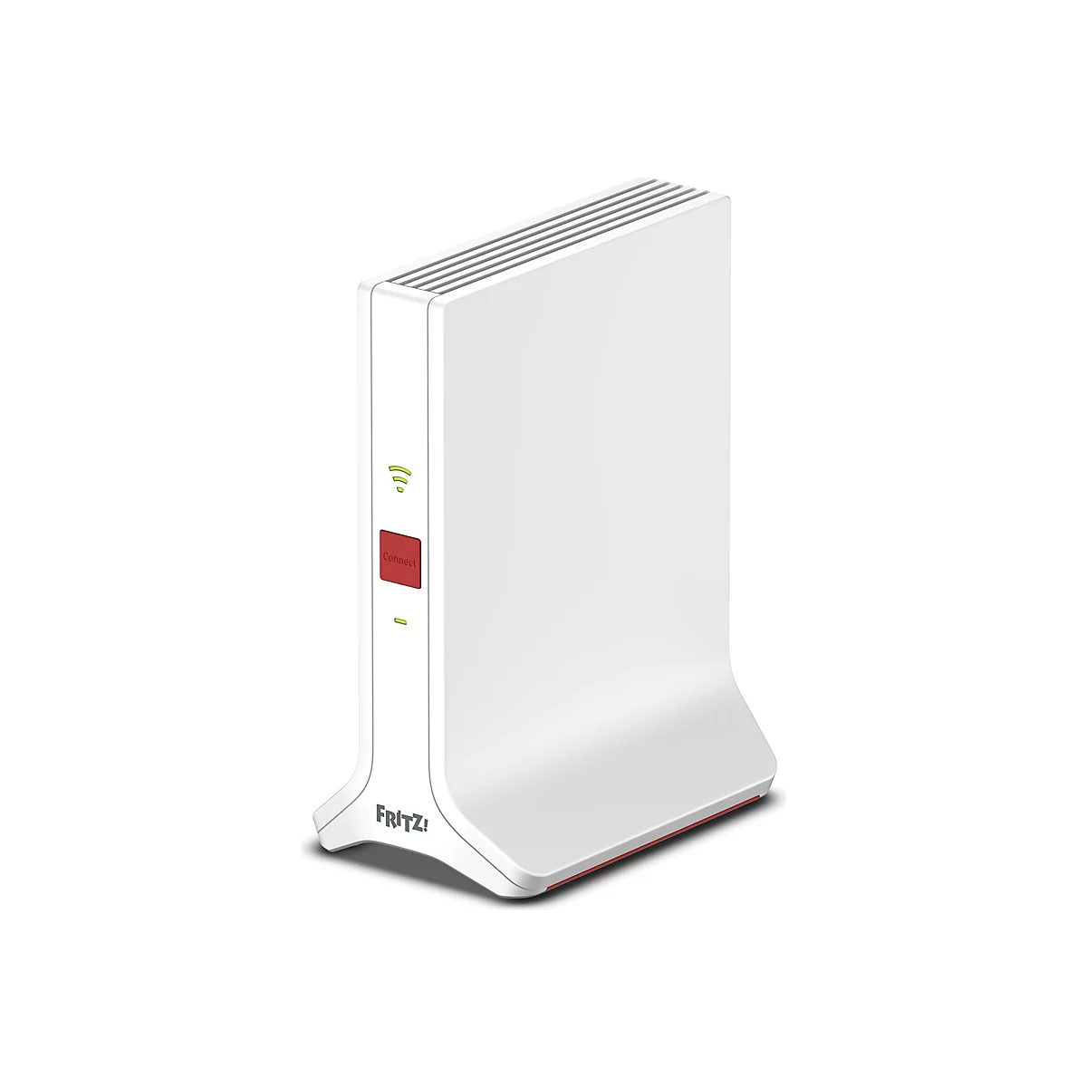 Weißer Fritz!Repeater mit roter Connect-Taste und grünen Status-LEDs vor neutralem Hintergrund.