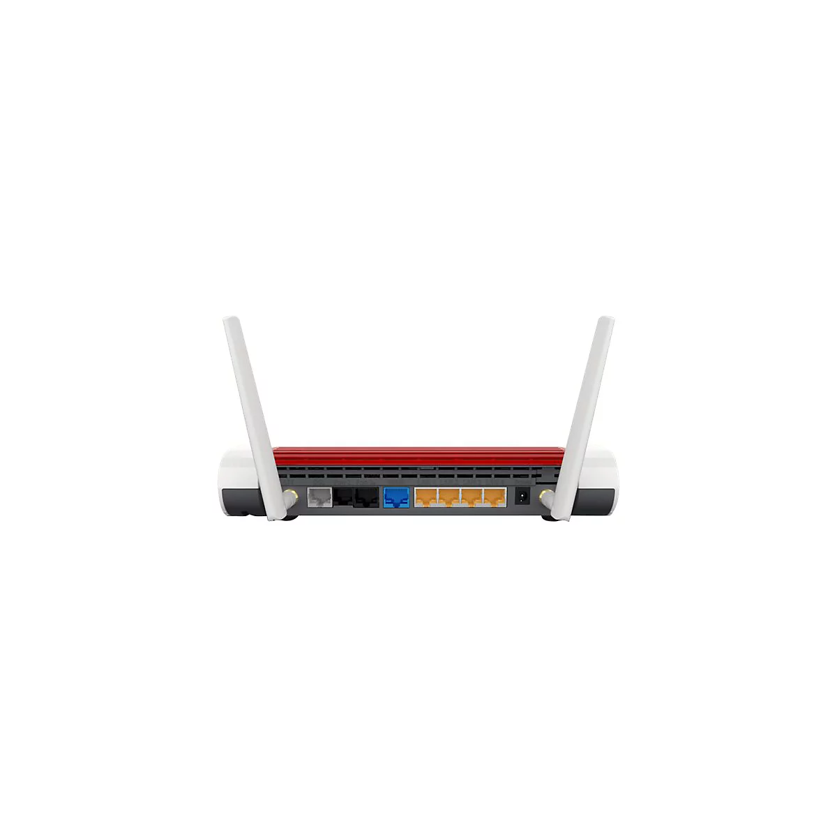 Rückseite eines rot-weißen Routers mit zwei Antennen und diversen LAN- sowie Telefonanschlüssen.