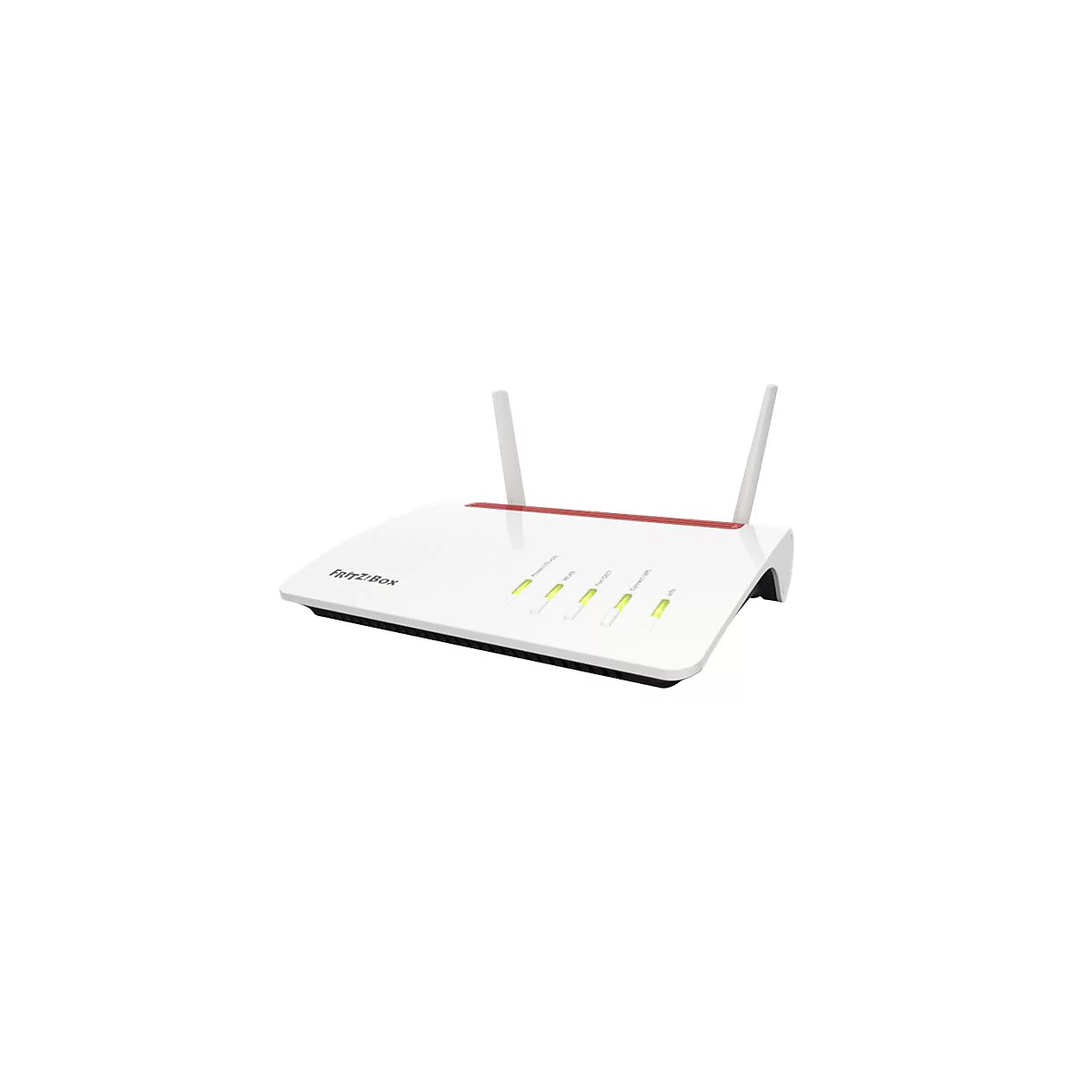 Weißer AVM FRITZ!Box Router mit zwei Antennen und leuchtenden Status-LEDs auf weißem Grund.
