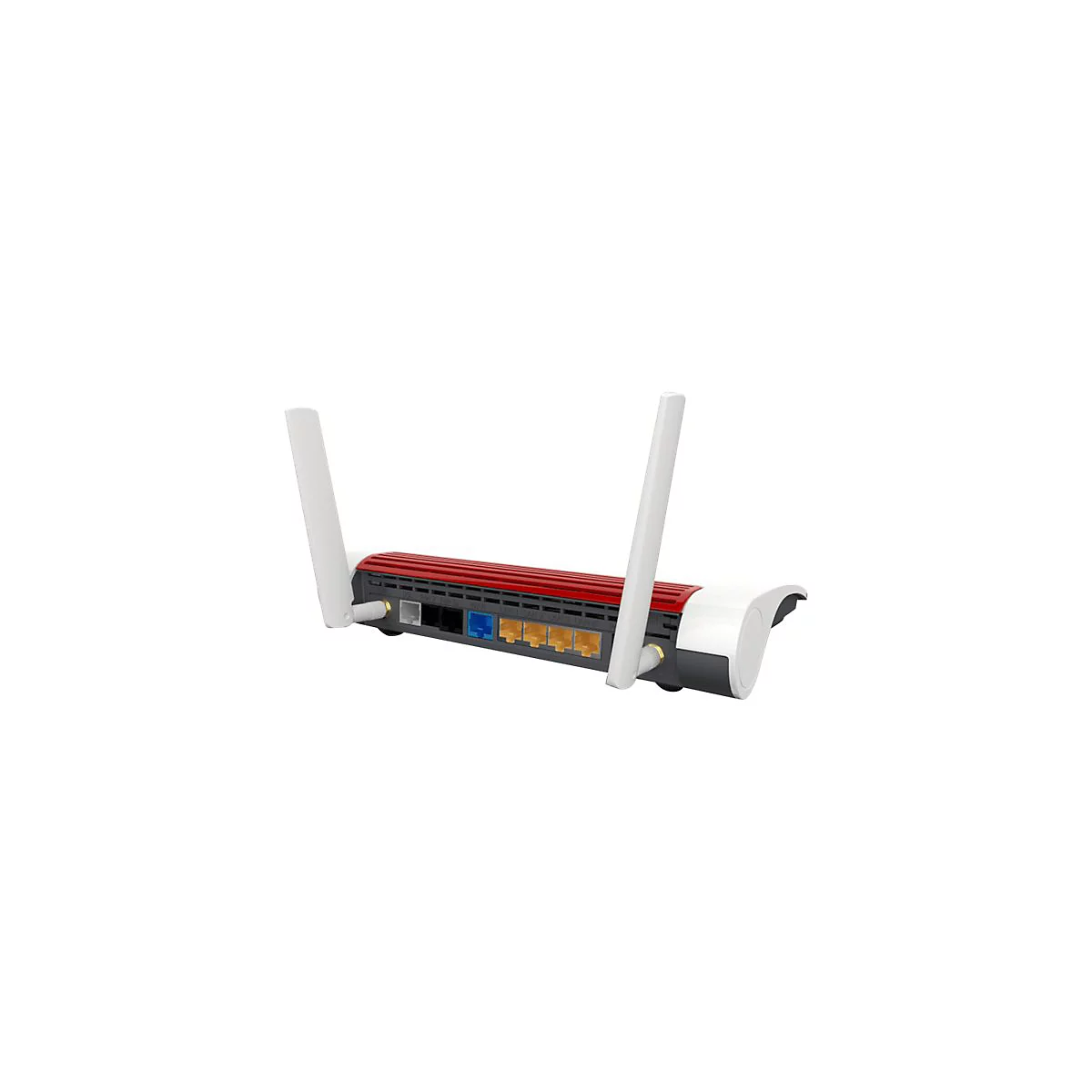 Rückseite eines rot-weißen WLAN-Routers mit zwei Antennen und diversen Anschlussbuchsen auf weißem Hintergrund.