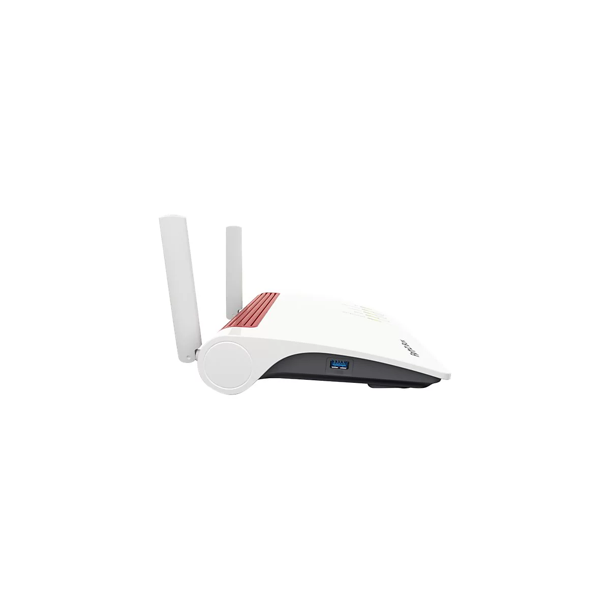 FRITZ!Box Router mit zwei Antennen und seitlichem USB-Anschluss vor weißem Hintergrund.