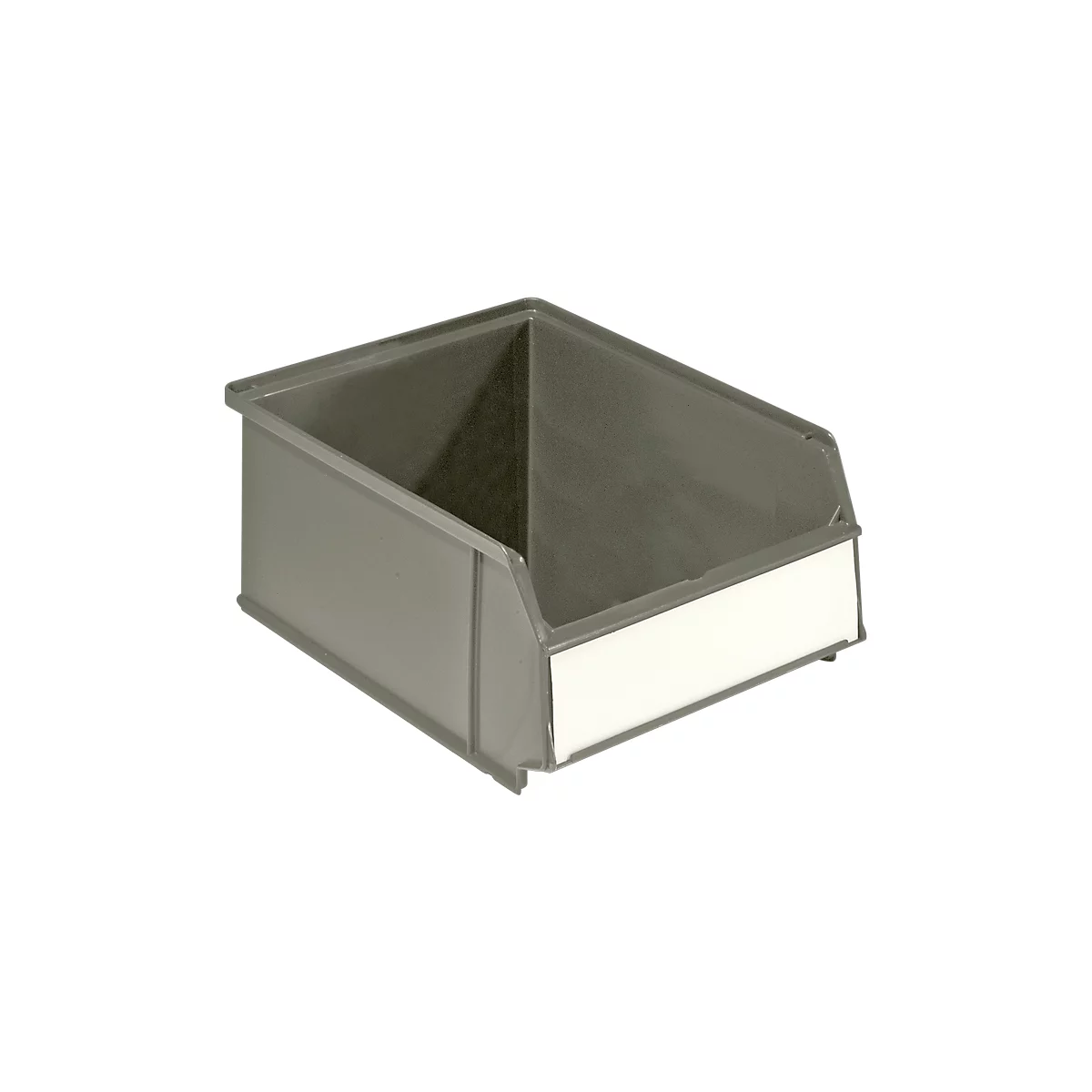 Gray plastic storage bin with a white label field. Open, angled shape.