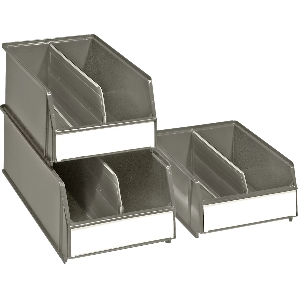 Metal containers in different arrangements, with white labels. A divider splits each container into two compartments.