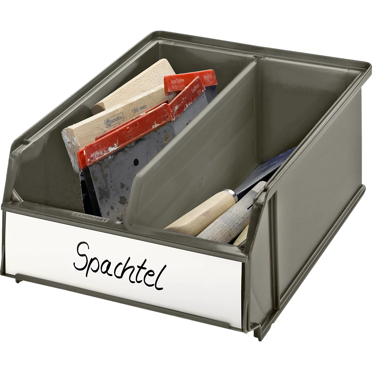 Grey tool box with various spatulas. The word "Spachtel" is written on the white sign.