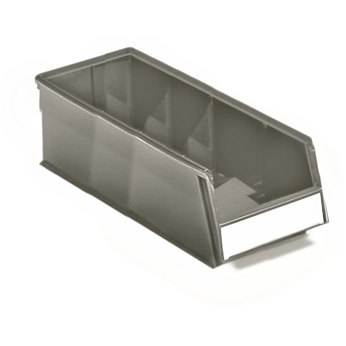 Gray plastic box with three compartments and a white label. Angled front.