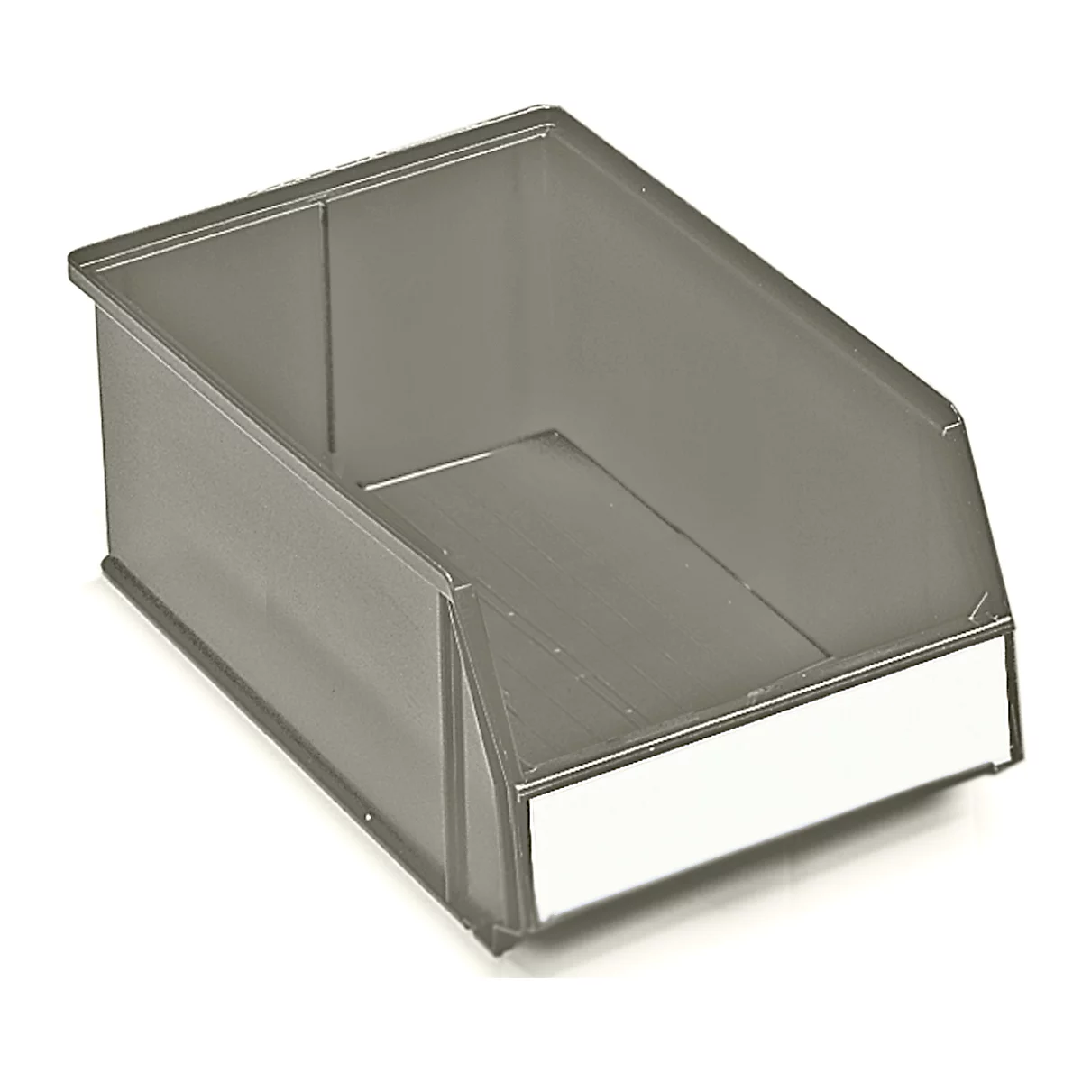 Grey, empty metal storage bin. A white label is on the front.