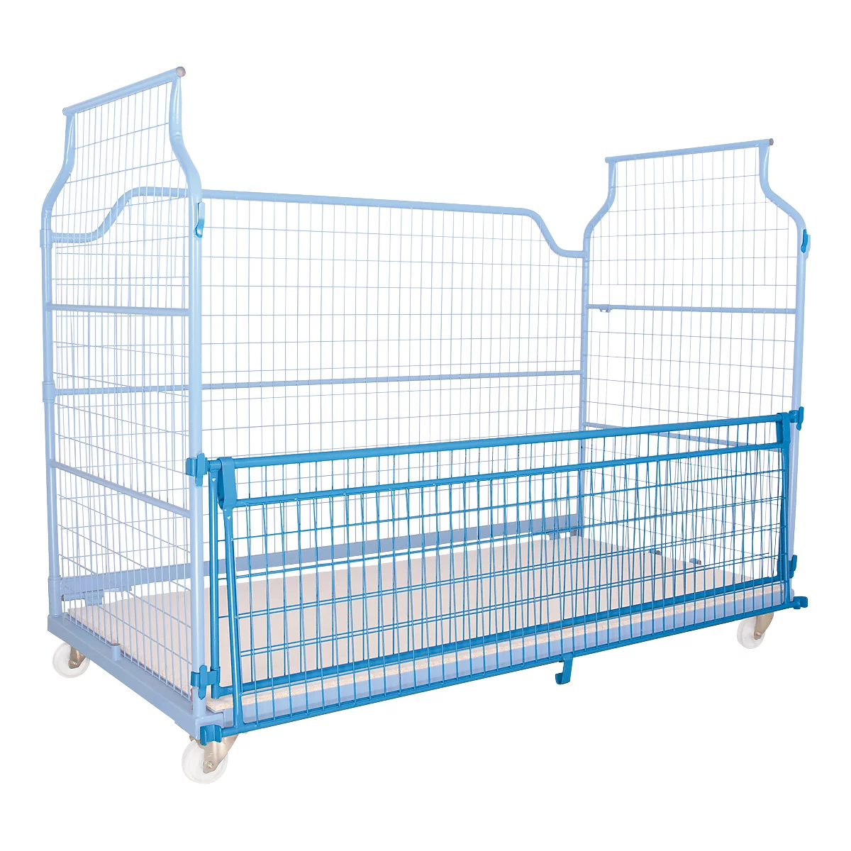 Blue, rolling crib with square bottom and side grids. Delicate grids rise at the ends.