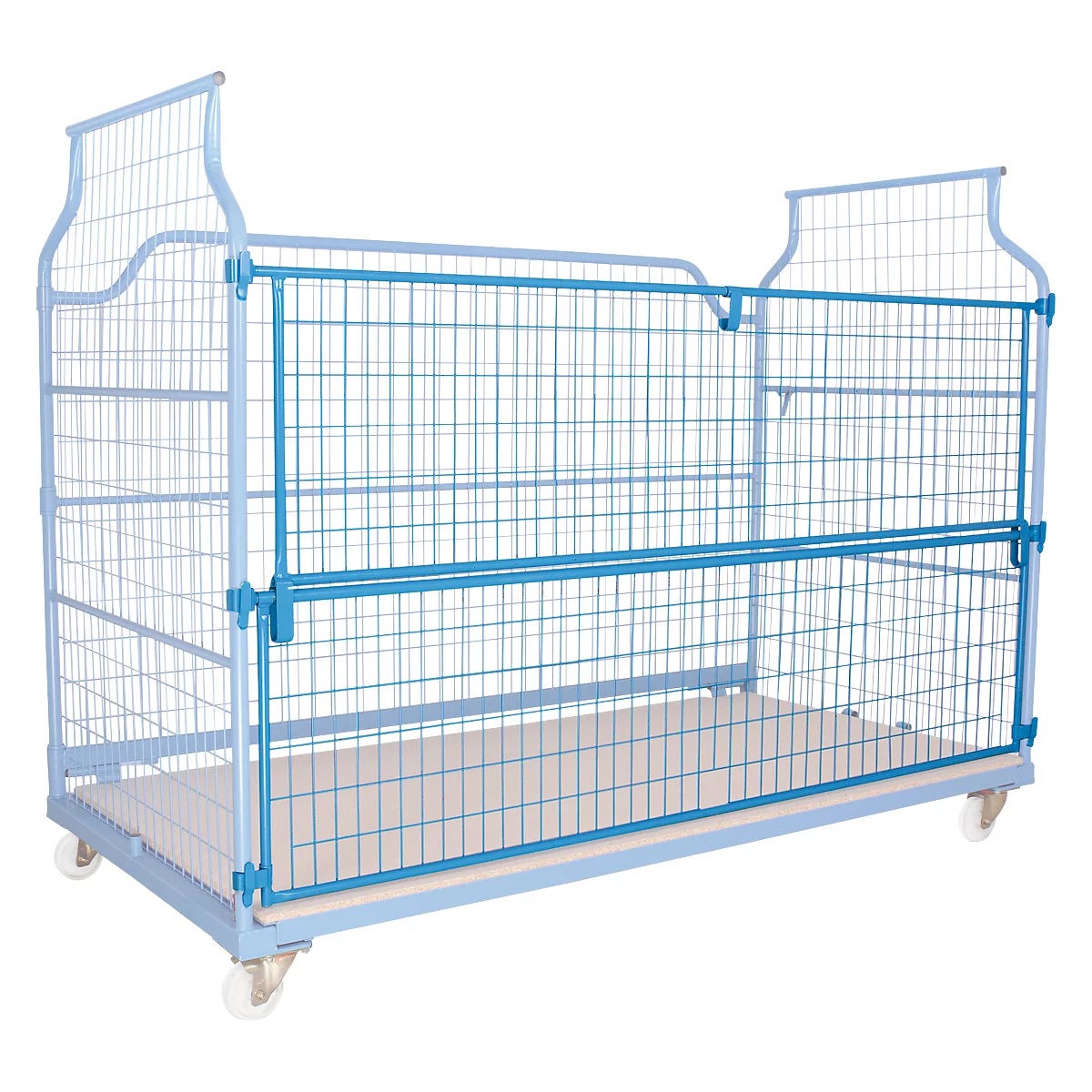 Blue-framed wire mesh cart with wooden base, on wheels.