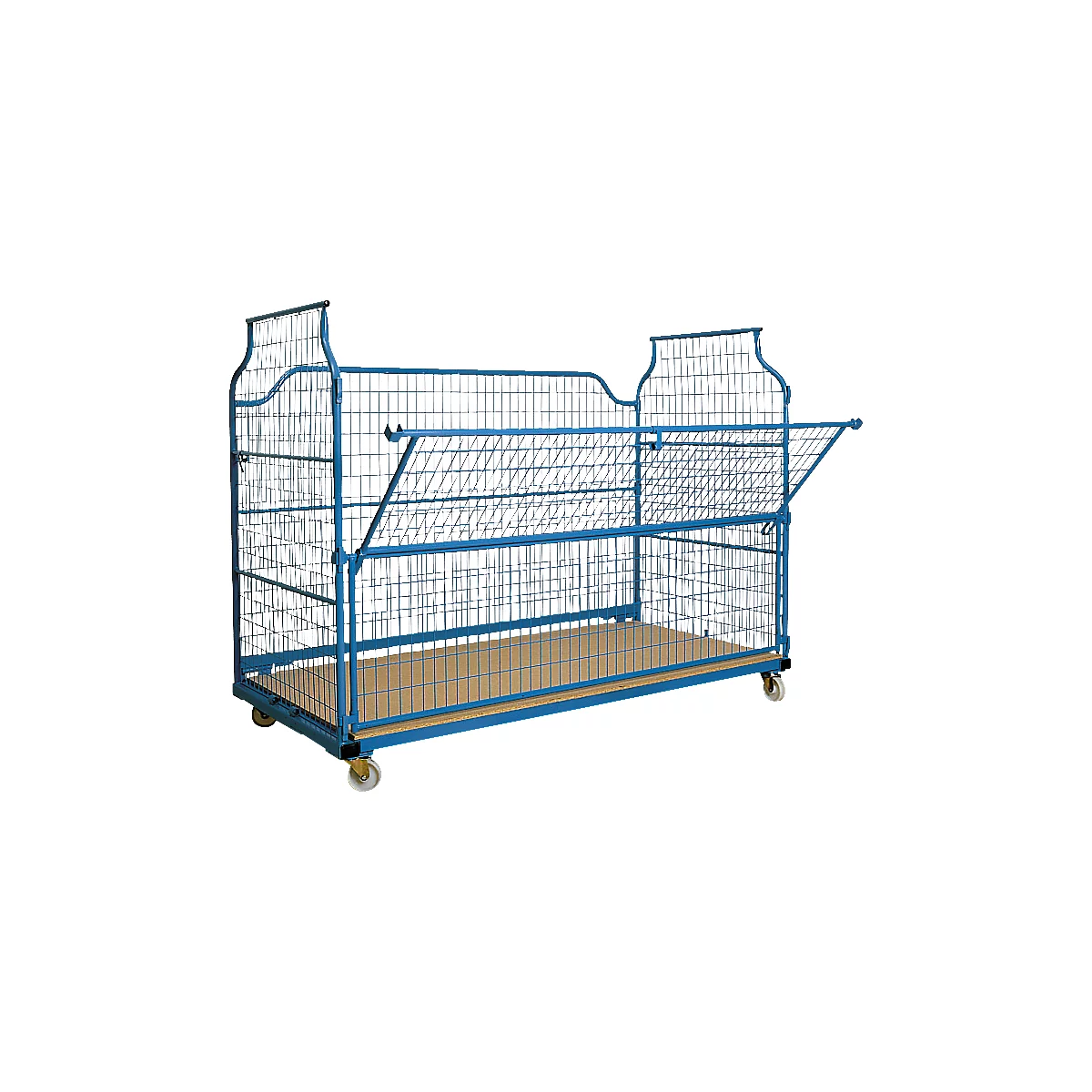 Blue, rolling cage trolley, open flap. Wooden base plate, 4 wheels. Metal grid, angular. Two decorative, curved elements.