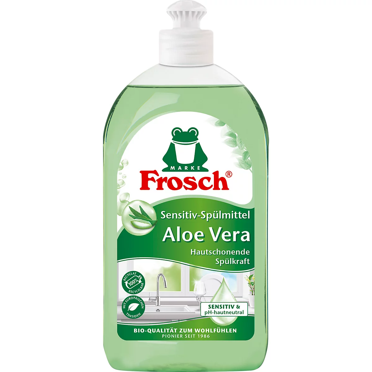 Transparente Frosch Spülmittel-Flasche mit grünem Inhalt und Aloe Vera Etikett vor weißem Hintergrund.