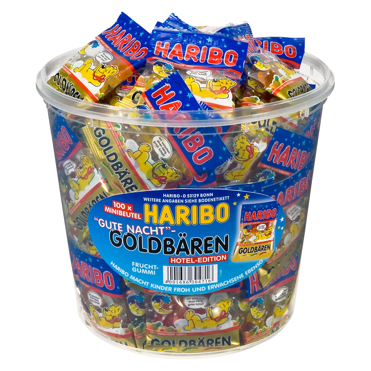 Ein großer, durchsichtiger Behälter voller Haribo Goldbären-Minibeutel. Auf den Beuteln steht "Haribo Goldbären".