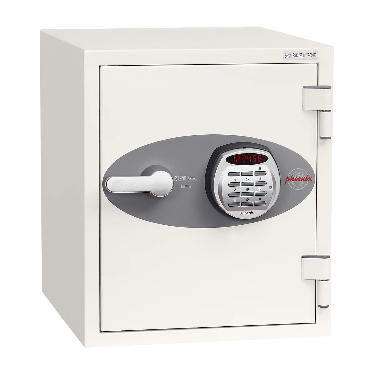 White safe with keypad. The numbers 123456 are displayed. A handle and the Phoenix logo are visible.
