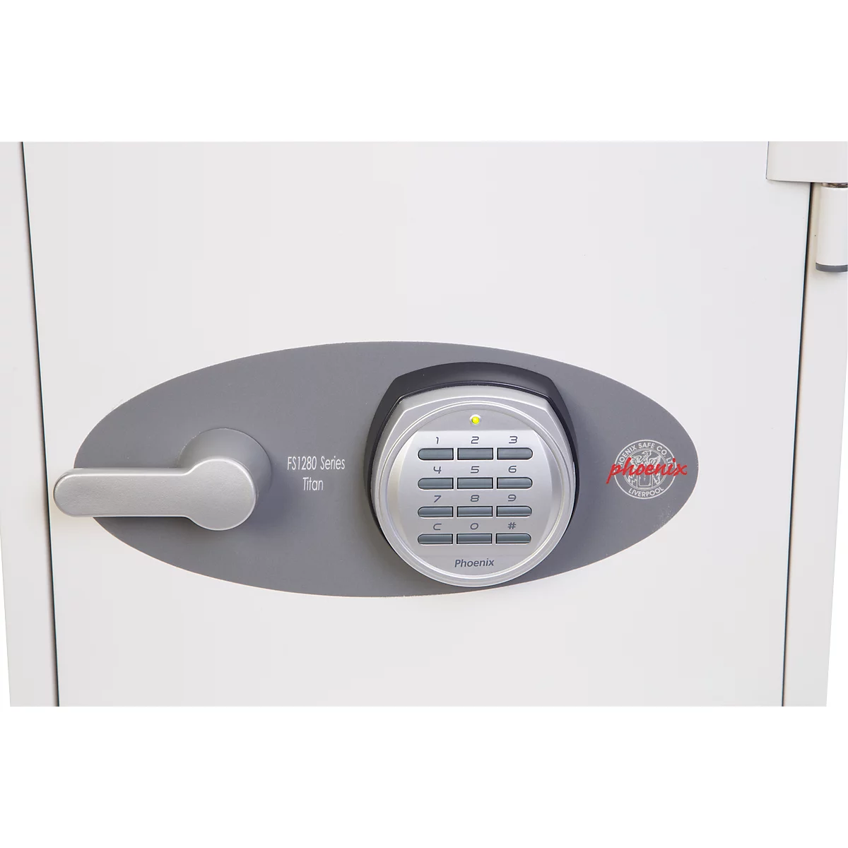 Detail of a white safe with number lock, handle, and brand logo.