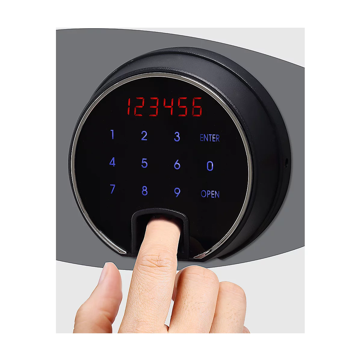 A finger touches a digital combination lock. Red numbers 123456. Blue numbers 1-9 and enter/open buttons.