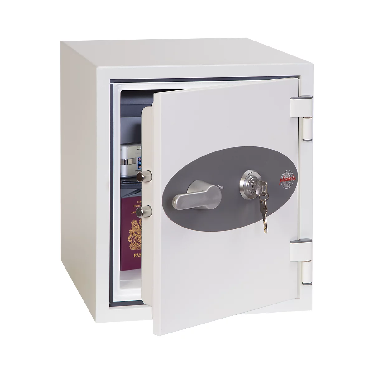 White safe, door open, key in lock. Passports and documents inside.