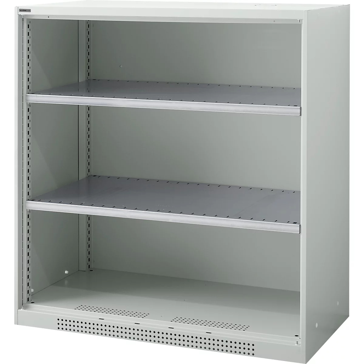 White cabinet with three shelves. The cabinet has ventilation slots at the bottom.